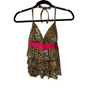 Catalina Womens Leopard Print Ruffle Tankini Top Brown Pink Halter Size M 8-10